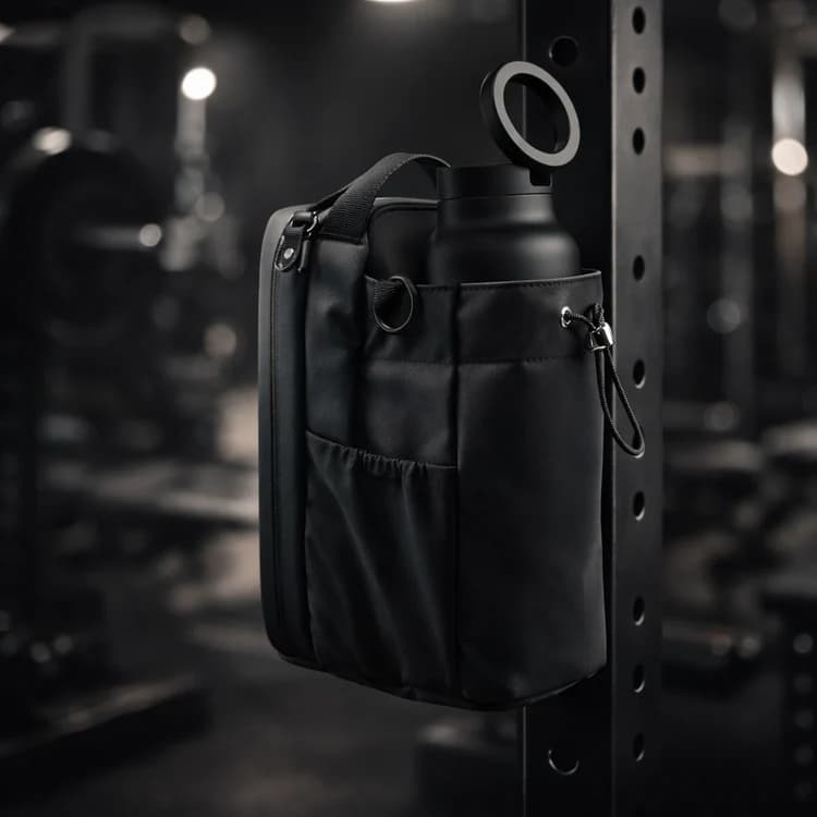 MagnixPro bag clipped to a power rack with bottle locked in